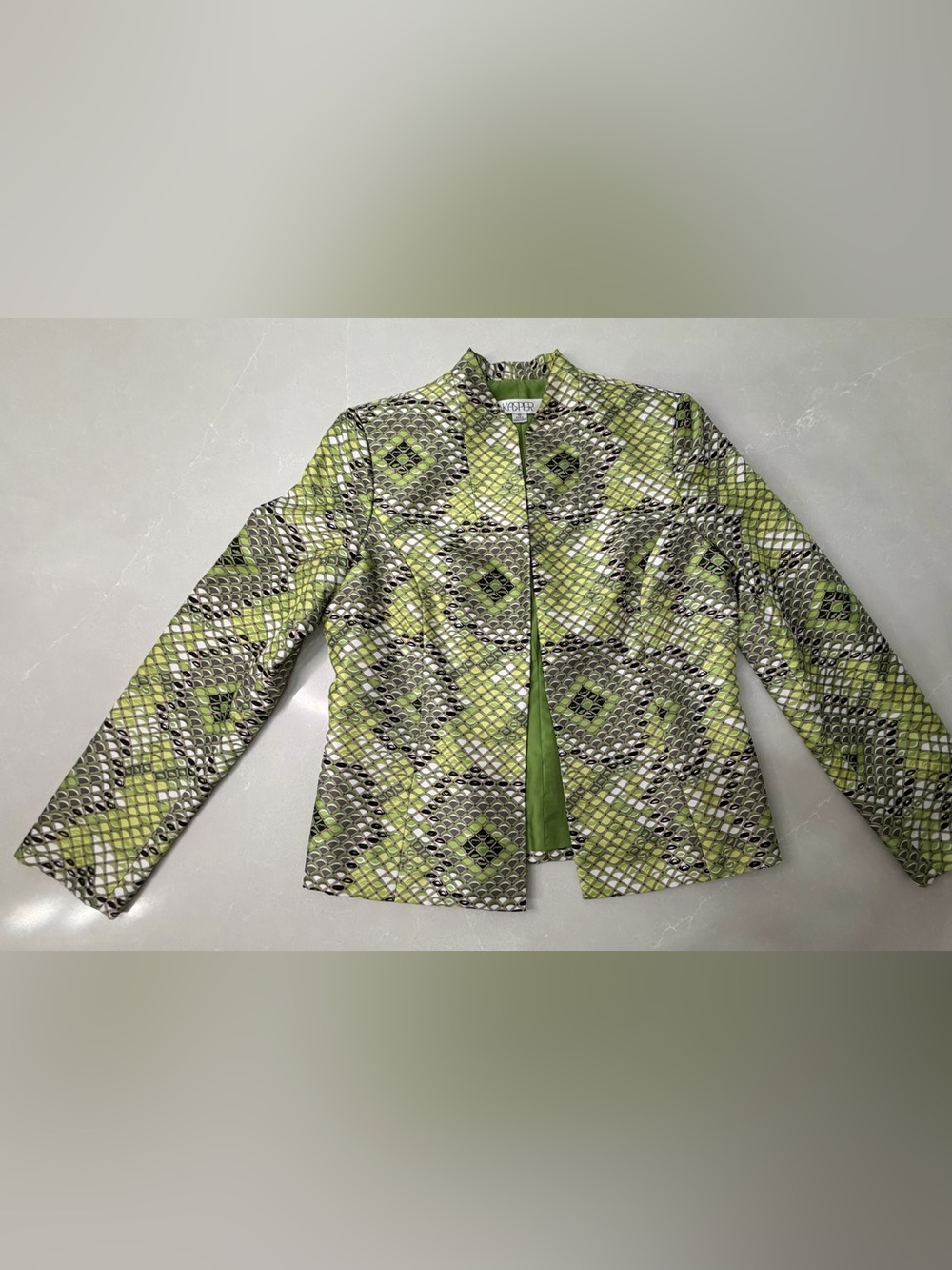 KASPER Green Geometric Abstract Open Front Mandarin Collar Blazer Jacket Size 10
